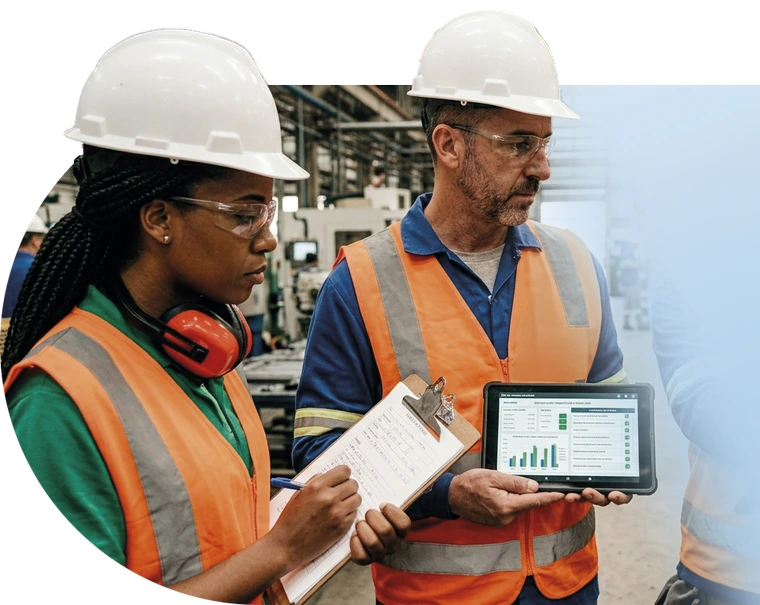 Dois técnicos de capacete conferindo dados em um tablet numa fábrica