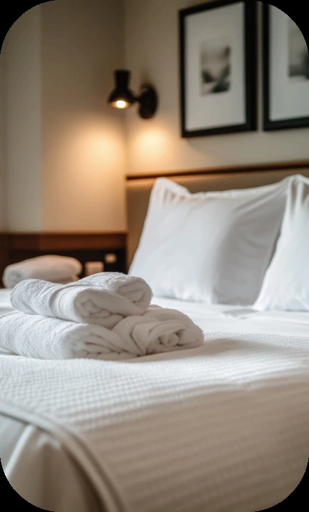 Quarto de hotel arrumado, com toalhas sobre a cama