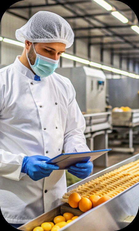 Profissional de touca e luvas inspecionando uma linha de produção de alimentos