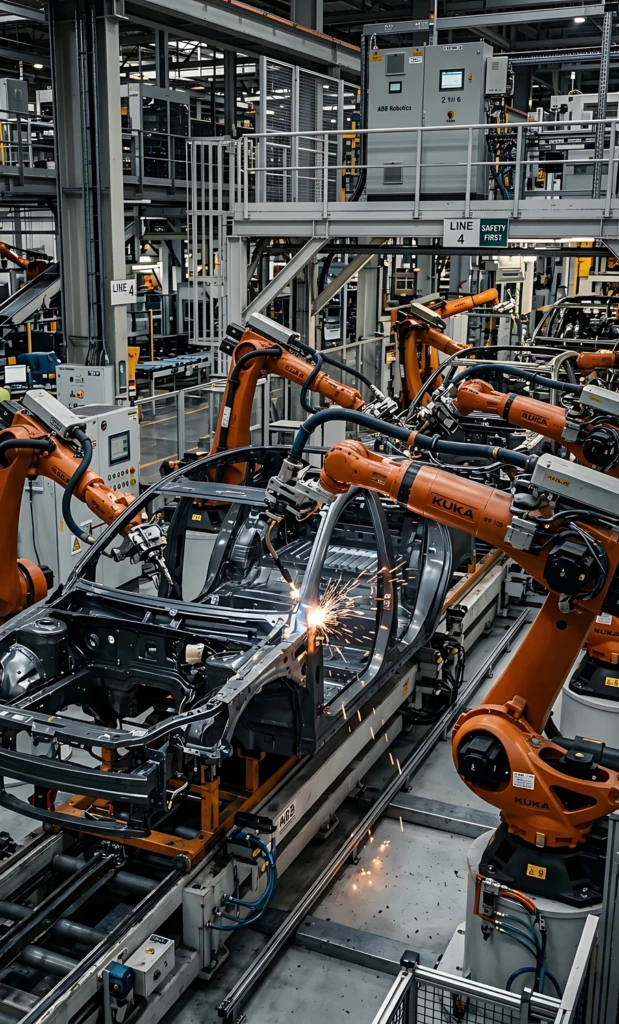 Braços robóticos soldando a carroceria de um carro numa linha de montagem